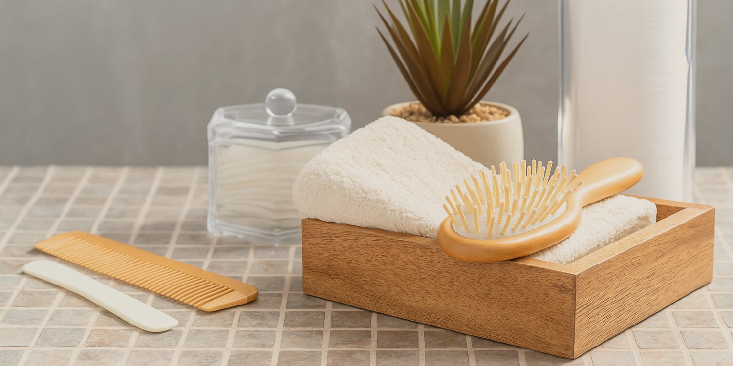 Hair care brush and comb set on tiled bathroom counter, ideal for daily grooming and hair loss care, available in Malta.