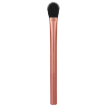 Load image into Gallery viewer, A concealer makeup brush with a kitten-paw shape and a rose gold metallic handle.