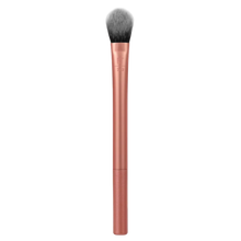 Load image into Gallery viewer, Makeup brush with rose gold handle and black bristles on a white background