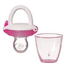 Load image into Gallery viewer, A Munchkin baby food feeder in pink color, consisting of a soft silicone pouch and a handle with a small hole at the bottom, accompanied by a transparent collection cup.