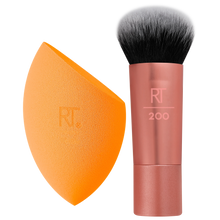 Load image into Gallery viewer, A set of two makeup brushes and a makeup sponge from Real Techniques, one brush is angled and the other is flat, both with bristles, and the sponge is rounded.