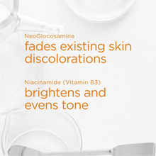 Load image into Gallery viewer, Product packaging with text about NeoGlicosamine's effects on skin discolorations and tone.