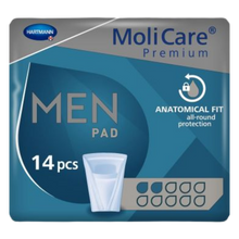 Load image into Gallery viewer, MoliCare Premium Men Pad packaging with 14 pcs on a blue and gray background