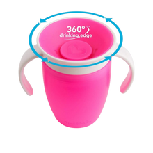 Load image into Gallery viewer, Pink sippy cup with a white handle and '360° drinking edge' text on a white background