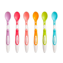 Load image into Gallery viewer, A set of six colourful infant spoons with soft tips and ergonomic handles, designed by Munchkin.