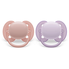 Load image into Gallery viewer, Philips Avent Soother Ultra Soft 0-6M Girl Purple/Pink 2PC SCF091/31