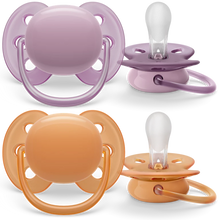 Load image into Gallery viewer, Two Philips Avent ultra soft pacifiers in purple and orange colors for babies aged 6-18 months, with rounded shields and orthodontic teats.