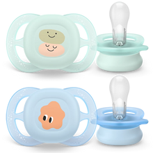 Load image into Gallery viewer, Two Philips Avent orthodontic soothers designed for newborns, one with a blue handle and star design, and the other with a green handle and smiley face design.