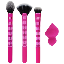 Load image into Gallery viewer, A set of four pink Real Techniques makeup brushes, including a multi-task cheek brush, a strobing fan brush, a blending brush, and a sculpting sponge.