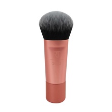 Load image into Gallery viewer, Close-up product image of the Real Techniques Mini Expert Face Brush with a rose gold handle and dense black-and-white bristles.