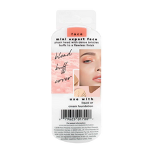 Load image into Gallery viewer, Back packaging of the Real Techniques Mini Expert Face Brush featuring product details, makeup imagery and text describing its use with liquid or cream foundation.