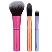 Load image into Gallery viewer, Three makeup brushes with pink, rose gold, and blue handles on a white background.