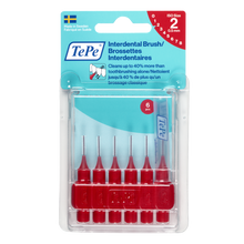 Load image into Gallery viewer, TePe Interdental Brush set in retail packaging, featuring six red-handled interdental brushes with in size 2.
