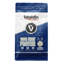 Load image into Gallery viewer, A high-resolution, front-facing product shot of a 1kg bag of Vitaldin Sport 100% Whey Protein in Vanilla Flavor. The white and blue packaging prominently displays the "V" logo and key nutritional highlights: 21g of protein, no added sugar, and 6.7g of BCAAs per serving. The bag indicates it contains 33 servings and features the DigeZyme logo.