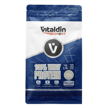 Load image into Gallery viewer, A 500g bag of Vitaldin Sport vanilla-flavoured 100% Whey Protein powder.