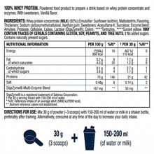 Load image into Gallery viewer, A clear, translated English version of the back of the Vitaldin Sport Vanilla Whey Protein packaging. It includes a detailed "Nutritional Information" table, an ingredient list featuring 92% whey protein concentrate, allergen warnings, and illustrated "Directions for Use" showing how to mix 3 scoops of powder with water or milk.