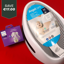Load image into Gallery viewer, Angelcare baby bath support for infants 0-6 months shown next to a boxed Philips Avent breast pump, ideal gear for new parents.