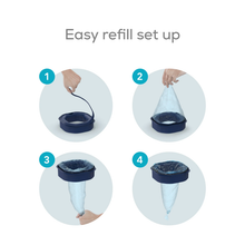 Load image into Gallery viewer, Angelcare Dress Up nappy bin refill showing the four-step refill setup process