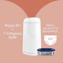 Load image into Gallery viewer, Angelcare Nappy Kit graphic showing the pail and refill, which holds up to 180 nappies (diapers).