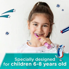 Load image into Gallery viewer, A young girl with a high ponytail smiles while using a pink Aquafresh Big Teeth suction-foot toothbrush, set against an illustrated background with star graphic overlays and text reading "Specially designed for children 6-8 years old".