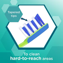 Load image into Gallery viewer, Close-up diagram of the Aquafresh Big Teeth toothbrush head showing mixed-length blue and white bristles with an arrow pointing to the tapered tips, framed in a teal hexagon above text reading "To clean hard-to-reach areas".