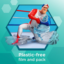 Load image into Gallery viewer, The Captain Aquafresh mascot crushing a plastic bottle inside a boxing ring graphic, highlighting the brand's sustainability initiative with text that reads "Plastic-free film and pack".