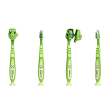 Load image into Gallery viewer, Four-way view of a green Aquafresh Little Teeth children's toothbrush featuring a dinosaur character design, including front, side, and protective travel cap open/closed positions.
