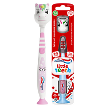 Load image into Gallery viewer, Aquafresh Little Teeth children's toothbrush for ages 3 to 5 years, featuring a pink and white unicorn-themed handle with stars, a suction cup foot, and a matching unicorn travel cap, shown next to its red retail packaging.