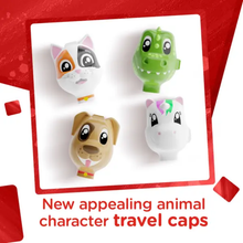 Load image into Gallery viewer, Four plastic Aquafresh Little Teeth toothbrush travel caps shaped like animal faces—a cat, crocodile, dog, and unicorn—arranged on a white square overlay against a red textured border with the text "New appealing animal character travel caps".