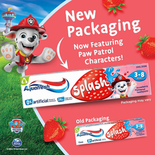Load image into Gallery viewer, Marketing graphic showing the new Aquafresh Splash toothpaste packaging featuring Paw Patrol characters compared to the old design.