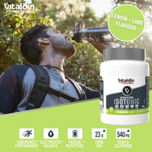 Load image into Gallery viewer, A man drinking an isotonic electrolyte shake from a shaker bottle with a Vitaldin Sport lime hydration bag and key benefits highlighted.