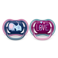 Load image into Gallery viewer, Philips Avent Ultra Air pacifiers for girls 18M+ featuring elephant and love designs in pink and purple tones