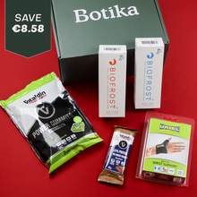 Load image into Gallery viewer, Contents of a Botika box packed inside, showing Uriel wrist support, Vitaldin Sport gummies and protein bar, and Biofrost cold and heat therapy gels.
