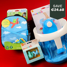 Load image into Gallery viewer, Three baby products, including a blue Brica By-My-Side safety harness backpack and two Munchkin bath organizers and scoop toys on a red background.