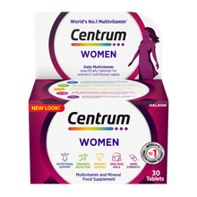 Load image into Gallery viewer, A white plastic box of Centrum Women multivitamins containing 30 tablets. The label features a purple and pink colour scheme, highlighting benefits for energy, immunity, metabolism, and healthy appearance.