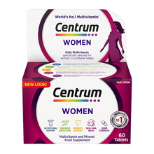 Load image into Gallery viewer, A 60-count box of Centrum Women multivitamin and multimineral supplement. The packaging displays a comprehensive list of benefits including support for daily energy, immune function, and hair, skin, and nails.