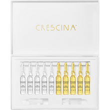 Load image into Gallery viewer, Crescina Transdermic HFSC Complete Treatment open box displaying clear Anti-Hair Loss and gold Re-Growth ampoules with applicators for thinning hair care.