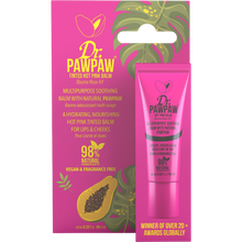 Load image into Gallery viewer, Dr. PAWPAW Hot Pink Lip Balm 10ml displayed with its original pink packaging, featuring a 98% natural, vegan formula with pawpaw for hydrating lips and cheeks.
