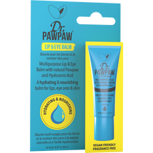 Load image into Gallery viewer, Dr. PAWPAW Lip & Eye Balm 8ml displayed with its blue and yellow packaging, highlighting its hydrating formula with natural pawpaw and hyaluronic acid.