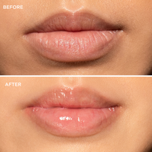 Load image into Gallery viewer, Before and after close-up comparison of lips showing a natural finish before application and a moisturised, glossy appearance after applying Dr. PAWPAW Original Clear Lip Balm.