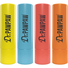 Load image into Gallery viewer, Dr. PAWPAW Original & Tropical Lip Balm Sticks 4-Pack featuring Original, Coconut, Watermelon and Mango varieties in yellow, blue, coral pink and orange packaging.