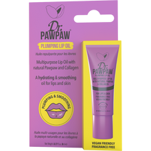 Load image into Gallery viewer, Dr. PAWPAW Plumping Lip Oil 8ml in original purple and yellow packaging, featuring natural pawpaw and collagen in a vegan, fragrance-free formula for hydrated, smoother-looking lips.