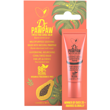 Load image into Gallery viewer, Dr. PAWPAW True Coral Balm 10ml displayed with its original coral packaging, featuring a 98% natural, vegan formula with pawpaw for hydrating lips and cheeks.