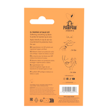 Load image into Gallery viewer, Back of Dr.PAWPAW SPF 30 Lip Balm packaging with ingredients and directions