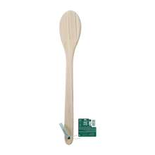 Load image into Gallery viewer, Back view showing the smooth natural bamboo head and attached product tag of the EcoTools bristle bath brush.