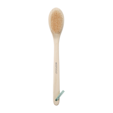 Load image into Gallery viewer, Full view of the EcoTools long-handled bamboo bath brush for body exfoliation.