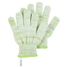 Load image into Gallery viewer, Pair of green and white striped EcoTools Bath and Shower Gloves isolated on a black background.