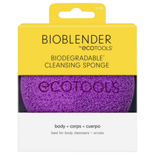 Load image into Gallery viewer, Front view of the yellow and white retail packaging for the EcoTools BioBlender biodegradable body cleansing sponge.