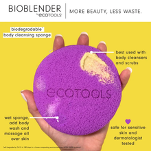 Load image into Gallery viewer, Hand holding the purple EcoTools BioBlender body sponge with callouts detailing usage with body cleansers and scrubs.