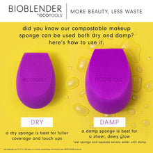 Load image into Gallery viewer, Visual guide comparing EcoTools BioBlender dry use for full coverage versus damp use for a sheer, dewy finish.